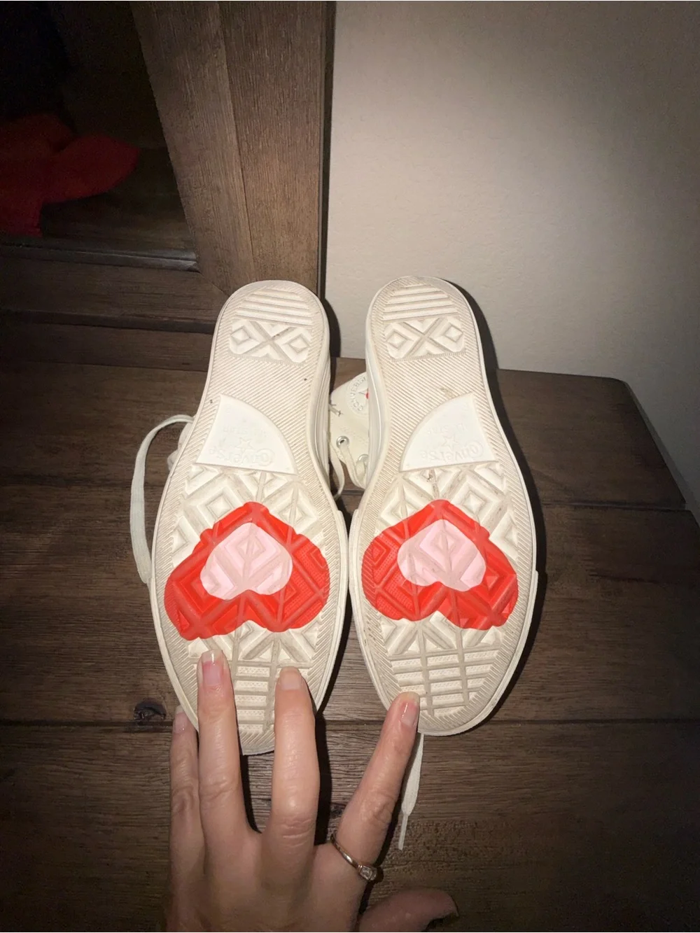 Converse White High Top Sneakers with Pink Heart Accents
